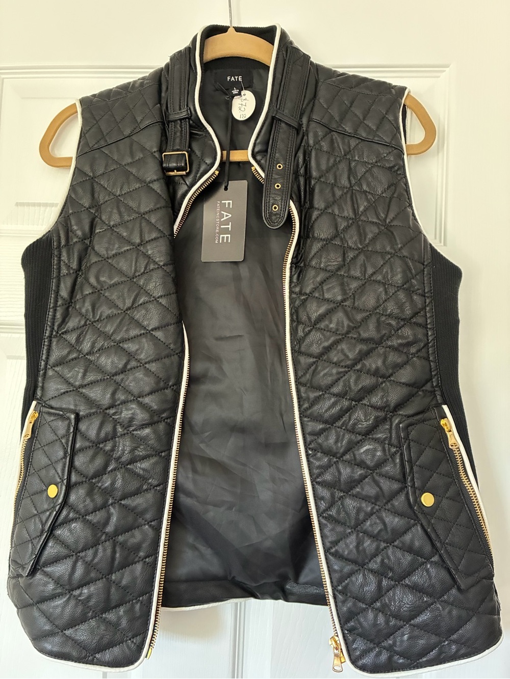 FATE Black Quilted Leather Vest with Gold Accents - Picture 5 of 6
